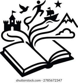 Open book with magical story elements floating out for fantasy theme