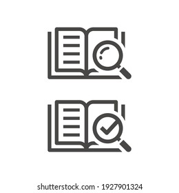 Open book with magnifier and checkmark icon. Manual, instruction and information search symbol with loupe and check mark.