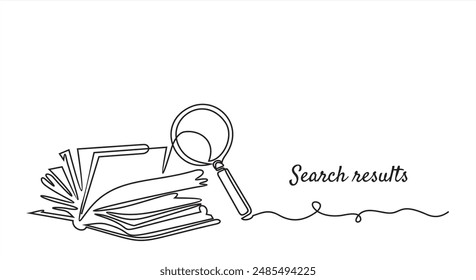 Open book with magnifying glass in continuous line art drawing style. Research and knowledge symbol. Black linear design isolated on white background. Vector illustration