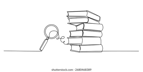 Open book with magnifying glass in continuous line art drawing style. Symbol of research and knowledge. Black linear design isolated on white background.