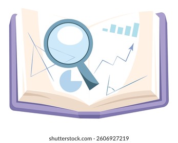 
Open book with magnifying glass and geometric elements.