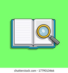 Open book and magnifying glass icon flat style cartoon illustration. The education concept icon isolated. Searching, learning, and find how to do.