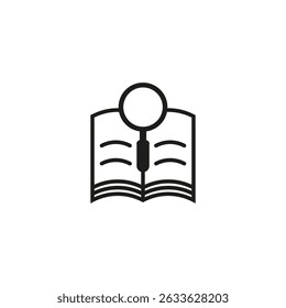Open book with magnifying glass icon. Outline vector illustration on white background.