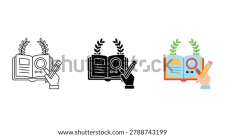 Open book with magnifying glass and laurel wreath icon set for academic research and expert study in linear solid and flat color vector styles for library and education platforms