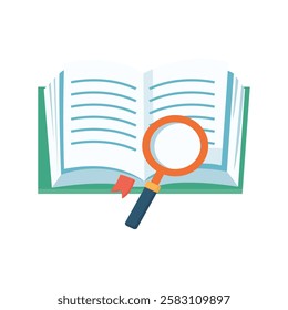 Open book with a magnifying glass placed on it, symbolizing learning or research.