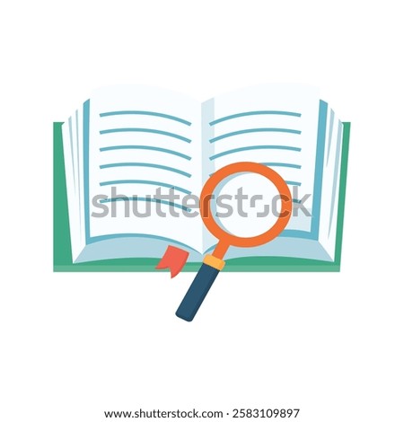 Open book with a magnifying glass placed on it, symbolizing learning or research.