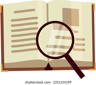 Open book with magnifying glass. Research color icon