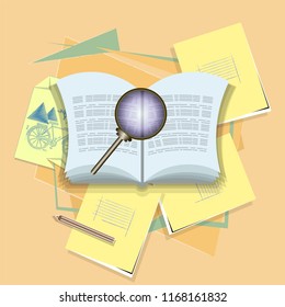 An open book with a magnifying glass, school notebooks, a pencil and other school accessories on an abstract background. Vector illustration