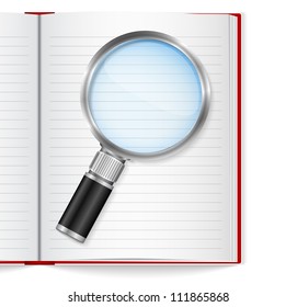 Open book with magnifying glass, vector eps10 illustration