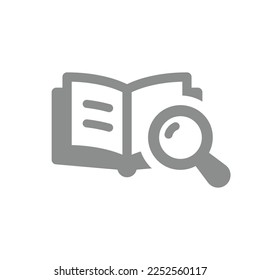 Open book and magnifying glass vector icon. Search, research and magnifier fill symbol.