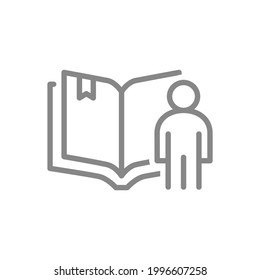 Open book with man line icon. Reading book, online course, library symbol