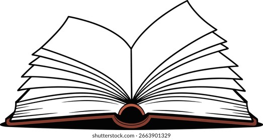 An open book with many blank pages and a brown cover is depicted on a white background. Scalable vector format suitable for print and digital media.