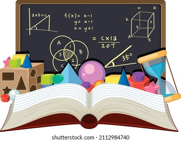 Un libro abierto con fórmula matemática en la ilustración de la pizarra