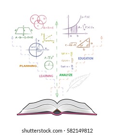 Open book and mathematical formulas. Drawing of mathematics on white board in doodle style. Concept for education.