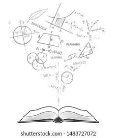 Open book and mathematical formulas. Theme of maths. Drawing on white background in doodle style. Back to school. Concept for education.
