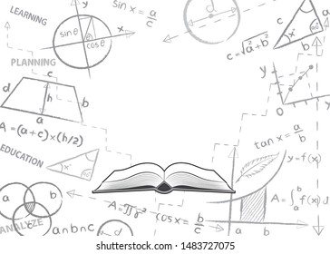 Open book and mathematical formulas. Theme of maths. Drawing on white background in doodle style. Back to school. Concept for education.
