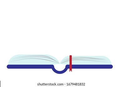 Open book in the middle of a blue cover with a red bookmark. Textbook, Bible, fiction, special literature. Vector illustration. Stock Photo.