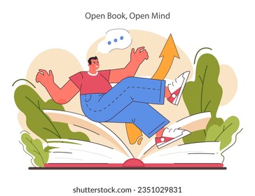 Open book, open mind. Continuous learning and curiosity in open-mindedness. Psychological quality, willingness to understand different points of view. Flat vector illustration