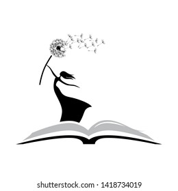 open book and miniature dancing lady with dandelion flower