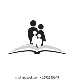 open book and miniature human family, abstract logo icon