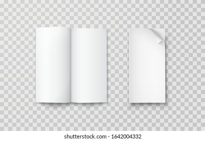Open book mock up set isolated on transparent background. Realistic blank vertical booklet, catalog template, magazine, brochure or notebook mockup.
