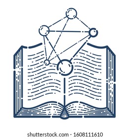Open book with molecule vector linear icon, education and scientific literature library reading line art symbol or logo, chemistry or physics.