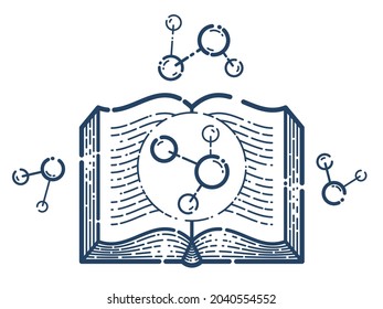 Open book with molecule vector linear icon, education and scientific literature library reading line art symbol or logo, chemistry or physics.