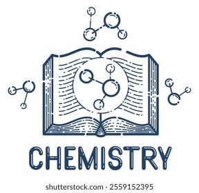 Open book with molecule vector linear icon, education and scientific literature library reading line art symbol or logo, chemistry or physics.