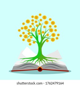 Open a book and money tree.The concept of making money from books.Vector Illustration