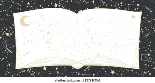 An open book with the moon against a black sky with stars. Vector illustration of the universe with place for text for astrology, tarot, horoscope. Mystical heavenly boho background.