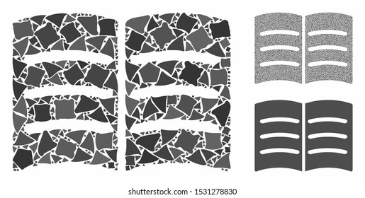 Open book mosaic of abrupt parts in various sizes and color tinges, based on open book icon. Vector uneven parts are composed into collage. Open book icons collage with dotted pattern.
