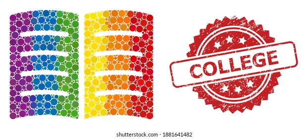 Icono de mosaico de libro abierto de elementos de círculo en varios tamaños y tonos de color LGBT, y sello de rosette sucio de la universidad. Un libro abierto con puntos de color LGBT para lesbianas, gays, transgéneros y bisexuales.