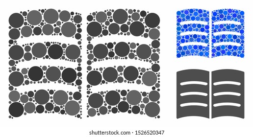 Open book mosaic for open book icon of round dots in different sizes and color tints. Vector round dots are organized into blue mosaic. Dotted open book icon in usual and blue versions.