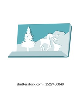 open book with mountain landscape, woman, deer and pine tree, vector cut out style 