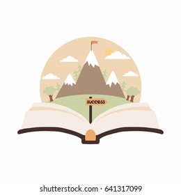 Open book. Mountains and success sign. Logo for travel books store.
