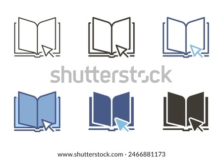 Open book with mouse pointer. Digital ebook, online education. learning tool vector graphic elements