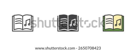 Open book with music note icon set. Includes outline, solid glyph and filled outline colorful versions. Sheet music and audio learning vector icon.