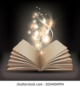 Open book with mystic bright light on dark background. Magic poster vector illustration