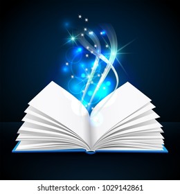 Open book with mystic bright light on dark background. Magic poster vector illustration