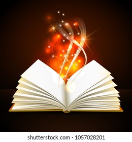 Open book with mystic bright light on dark background. Magic poster vector illustration