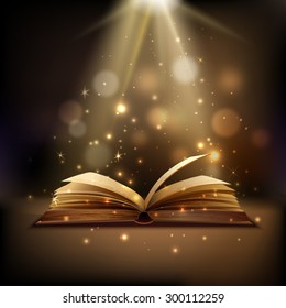 Open book and mystic bright light background magic poster vector illustration