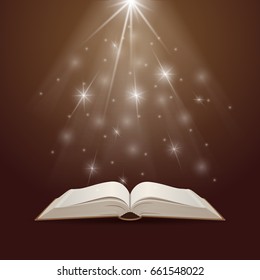 Open book with mystic bright light. Education and reading concept. Vector illustration