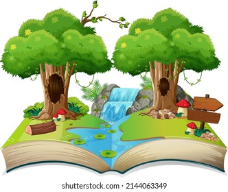 Open book with nature landscape illustration