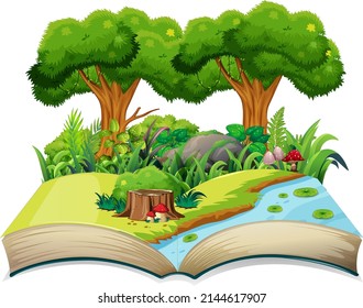 Open book with nature landscape illustration