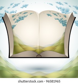 Open book with nature landscape illustration and copy space for your text, vector illustration.