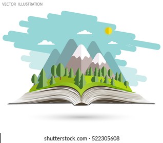 An open book. Nature is the open book. Landscape on open workbook. Vector illustration template design