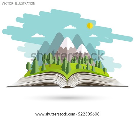 An open book. Nature is the open book. Landscape on open workbook. Vector illustration template design