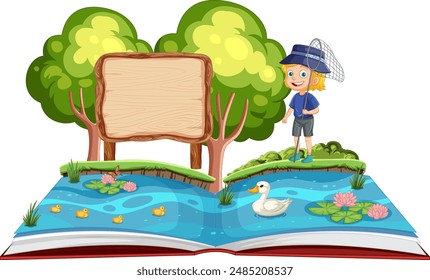 Open book with nature scene illustration