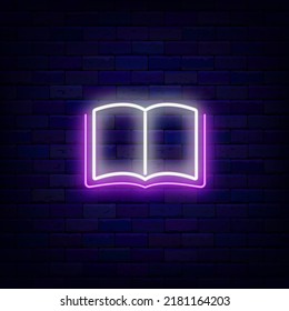 Open book neon icon. Back to school concept. Education emblem. Online library emblem. Knowledge label. Glowing advertising on brick wall. Vector stock illustration