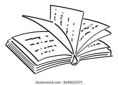 Open book, notebook. Contour drawing by hand, doodle. Black on white background, vector.